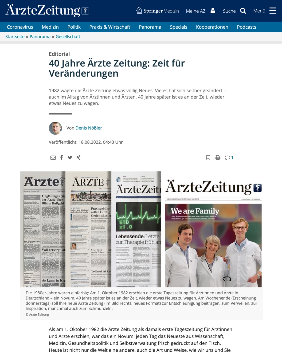 Bildschirmansicht des Artikels zum 40-jährigen Bestehen der Ärzte Zeitung mit der Praxis Dr. Verse auf der abgebildeten Titelseite